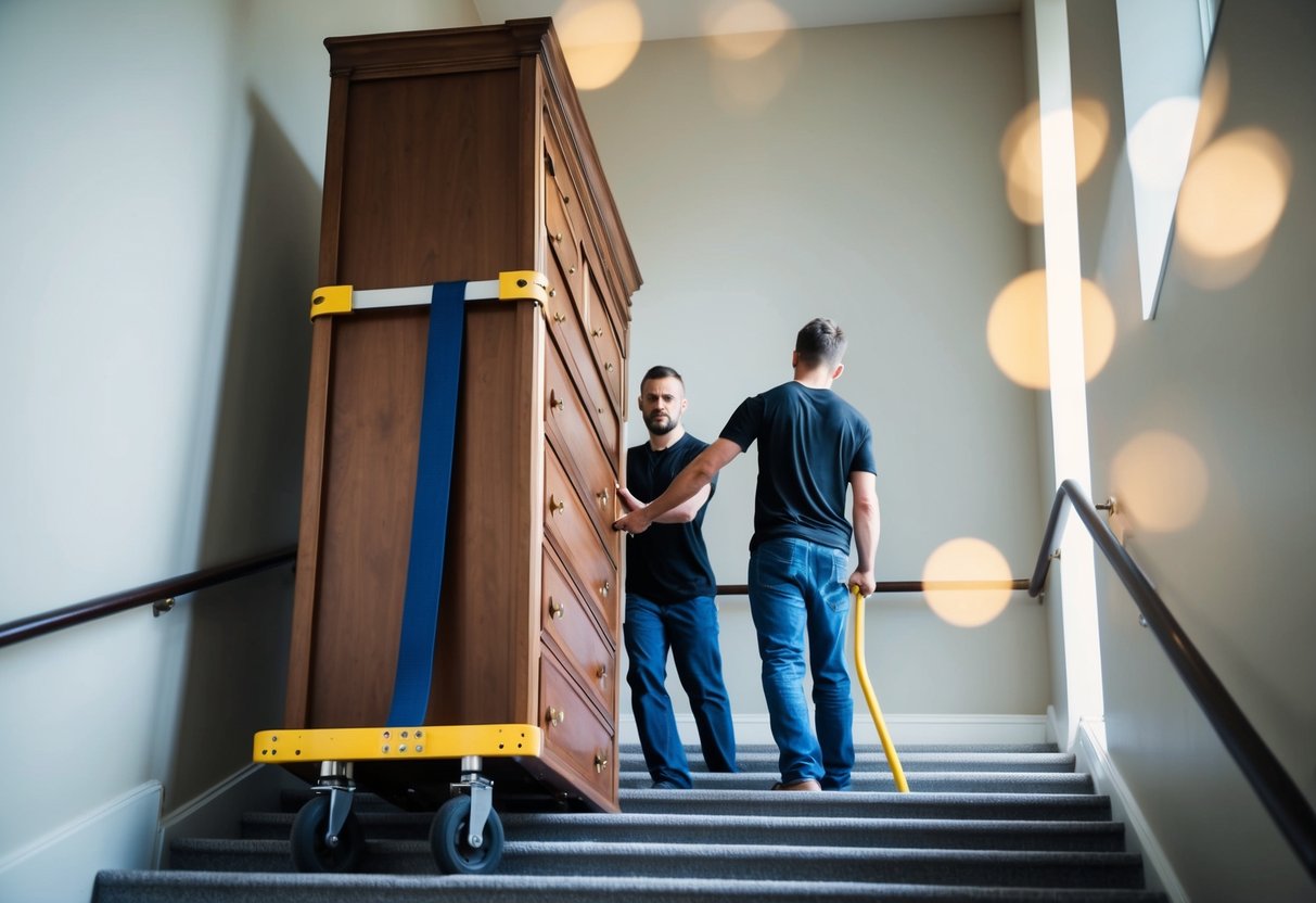 En robust handtruck med möbelband säkrar en hög byrå för flytt. Två personer lyfter och leder byrån ner för en trappa.